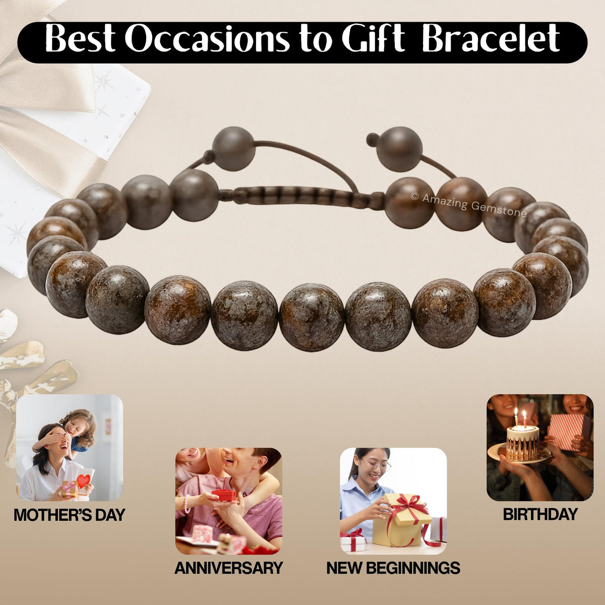 Amazing Gemstone Brown Snowflake Obsidian Bracelet for Women Men's Gifts - Protection Healing Crystal Bracelet - 8mm Gemstone Beaded Adjustable Bracelet Pulseras Para Hombres Mujer Stocking Stuffers