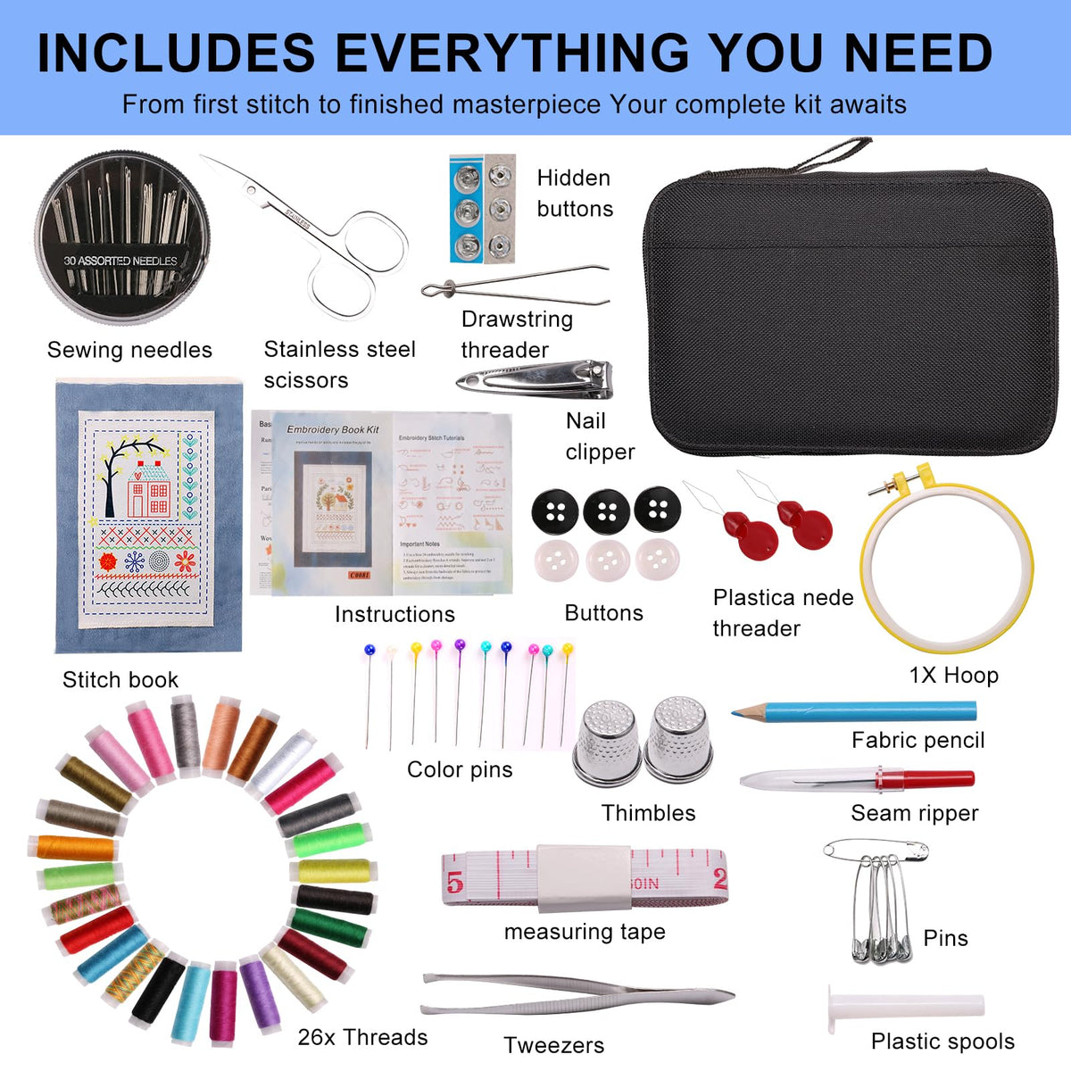 Losaria 100 PCS Complete Embroidery Stitch Kit with Includes Step-by-Step Instructions, Hoops, Threads, Needles & Fabric, All-in-One Portable Starter Set for Adult Beginners & DIY Craft Enthusiasts