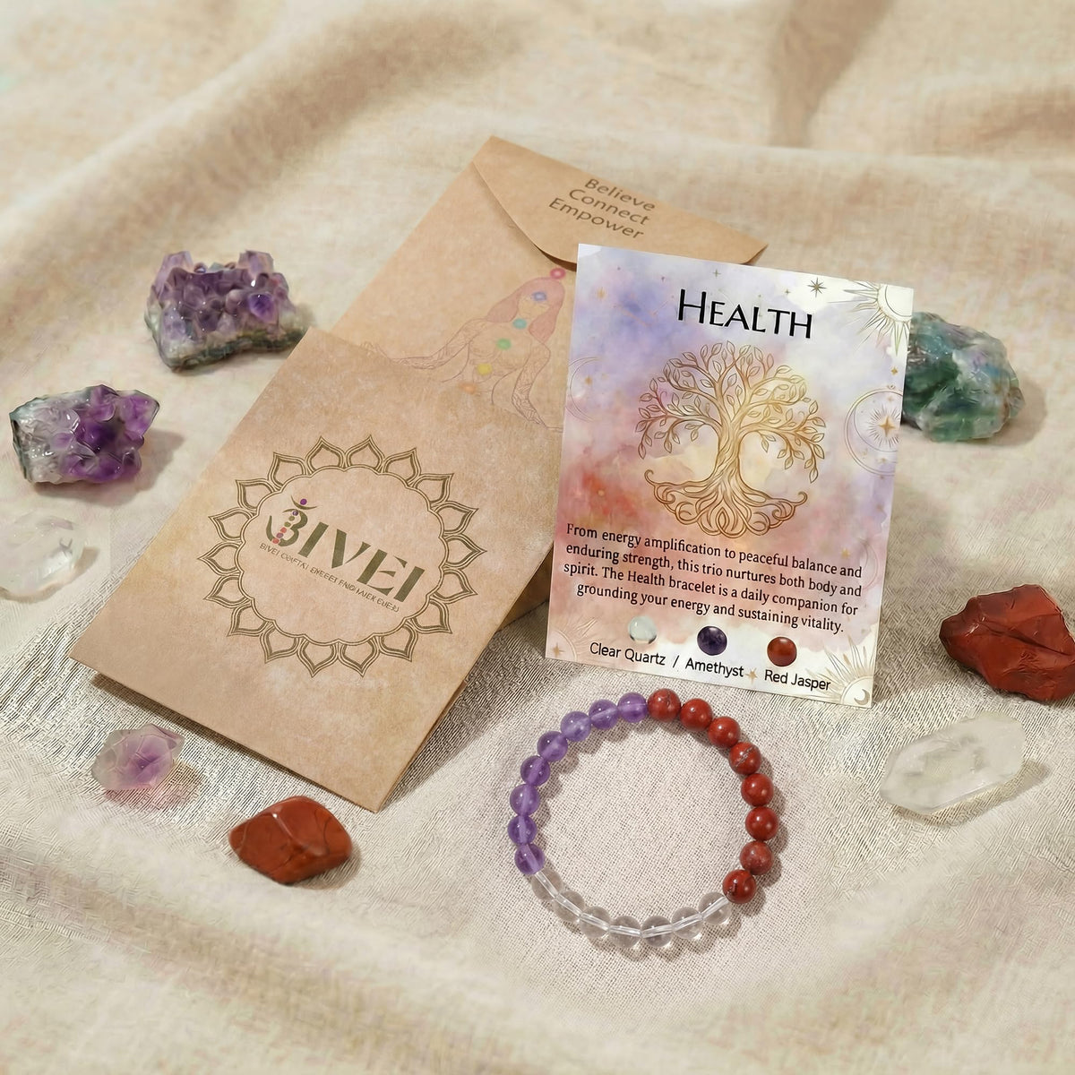 Bivei Health Bracelet, Strength Crystal Healing Bracelet 8MM with Clear Quartz & Amethyst & Red Jasper - Spiritual Stretch Beaded Jewelry for Women Men Gift