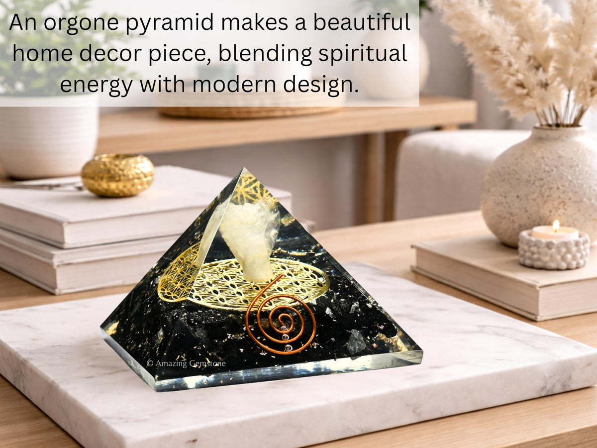 Amazing Gemstone Large Black Tourmaline Orgone Pyramid Crystal, Guardian Angel with Flower of Life Orgonite Pyramid - Positive Energy Healing