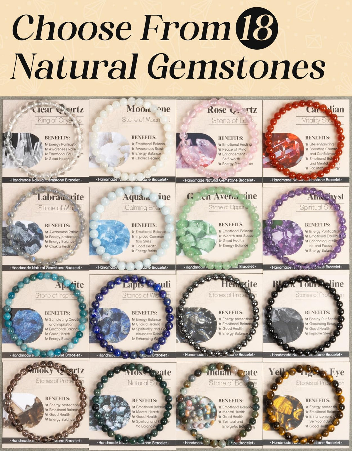 Landorilo Beaded Bracelet for Men Women, 6mm Natural Stone Smoky Quartz Healing Crystal Stretch Bracelets, Ideal Christmas Birthday Jewelry Gifts with Energy Card,Replacement Beads Included