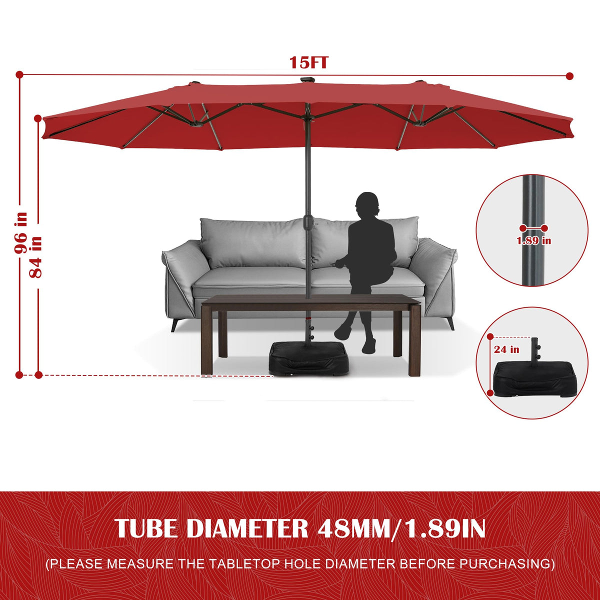 Sundale Outdoor Solar 15 ft 144 LED Olefin 5-Year-Non-Fading Patio Umbrella with Sandbag Base Included and Cover, Outdoor Double-Sided Umbrella with Lights, Red