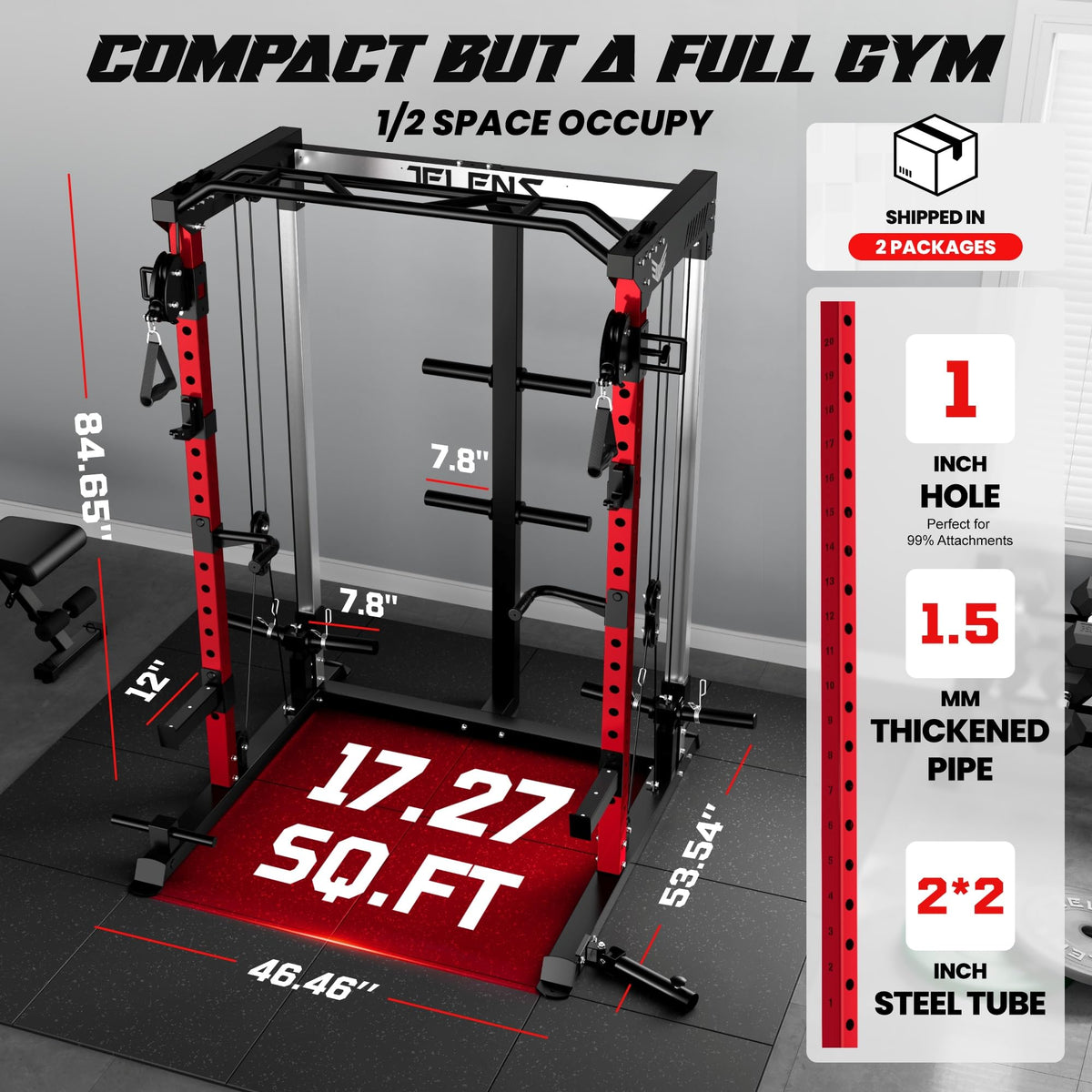 JELENS C21 Power Cage, 2000LBS Multi-Function Power Rack with Independent Dual Pulley System, All-in-One Squat Rack for Cable Crossover, Home Gym Workout Machine (Red, 370lbs Color)