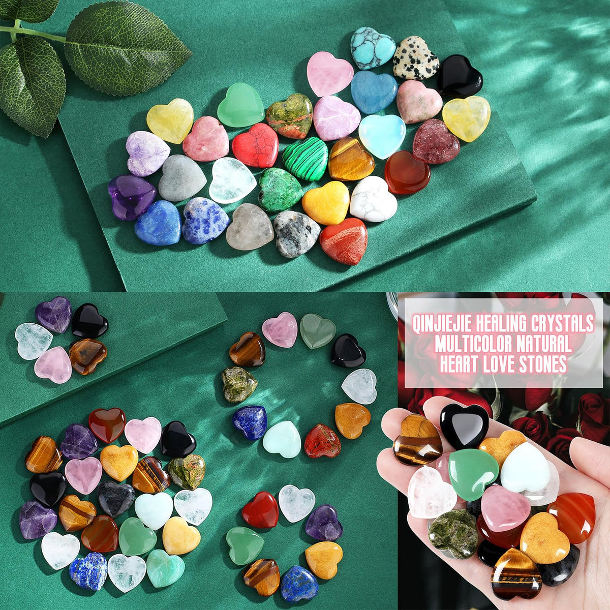 20PCS Crystals and Healing Gemstones Gem Stones Heart Crystal QINJIEJIE Natural Rose Quartz Pocket Amethyst Hearts Palm Stone Polished Crystal Set Bulk Chakra Reiki Good Luck Gifts for Women 0.8"