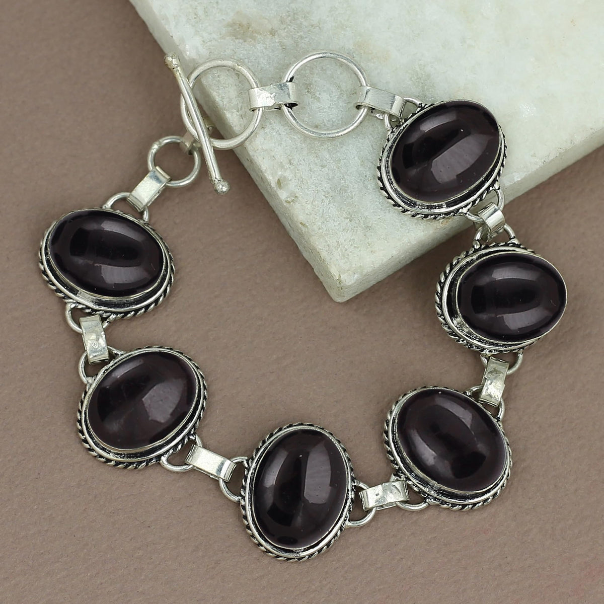 Natural Black Onyx Silver Plated Handmade Link Bracelet for Women - July Birthstone Oval Gemstone Adjustable Bracelet Vintage Style Jewelry - Wedding Christmas Gifts for Her
