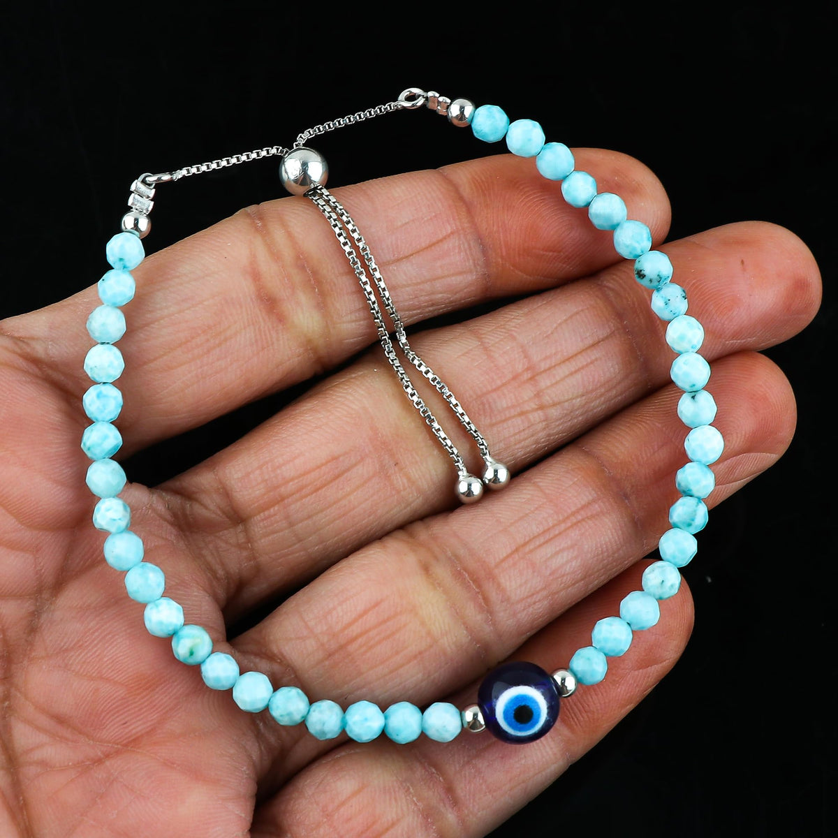 CRYSTALIS Natural Sea Larimar, Pectolite, Evil Eye, Pearl Beads Slider Bracelet for Relationship Protection, Chakra Healing Gemstone, Women Jewelry with 925 Sterling Silver Slider 10 inch