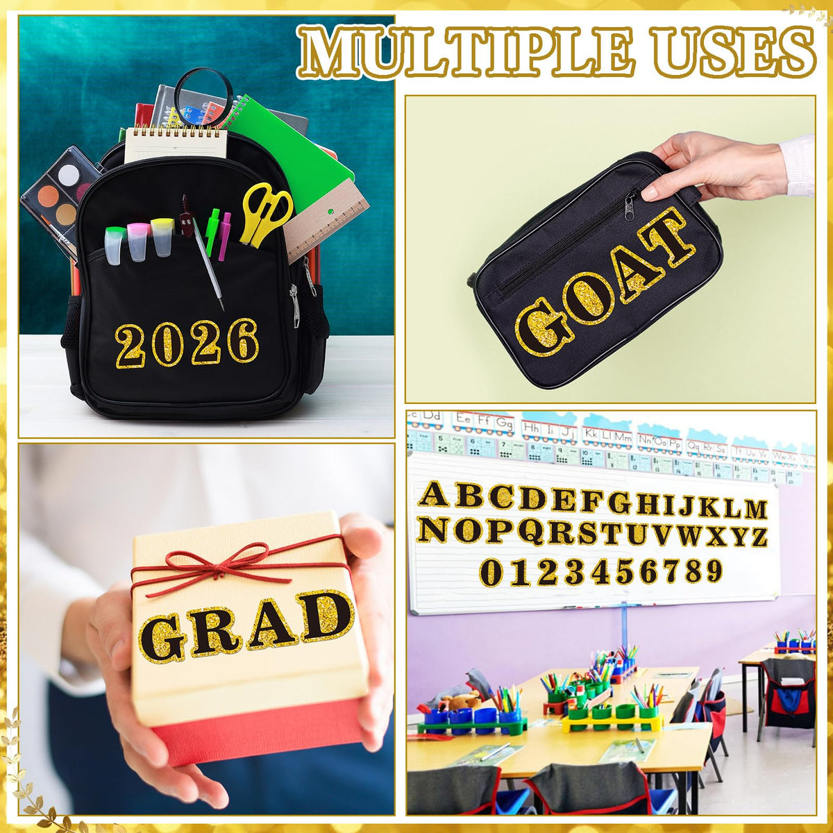 FunooFuno 72 Pcs Glitter 2026 Graduation Letters Numbers Cardstock Shiny Crafts Alphabet with Adhesive Dots for Graduation Trifold Photo Board Grad Leis Homecoming Mums DIY Supplies(Black Gold)