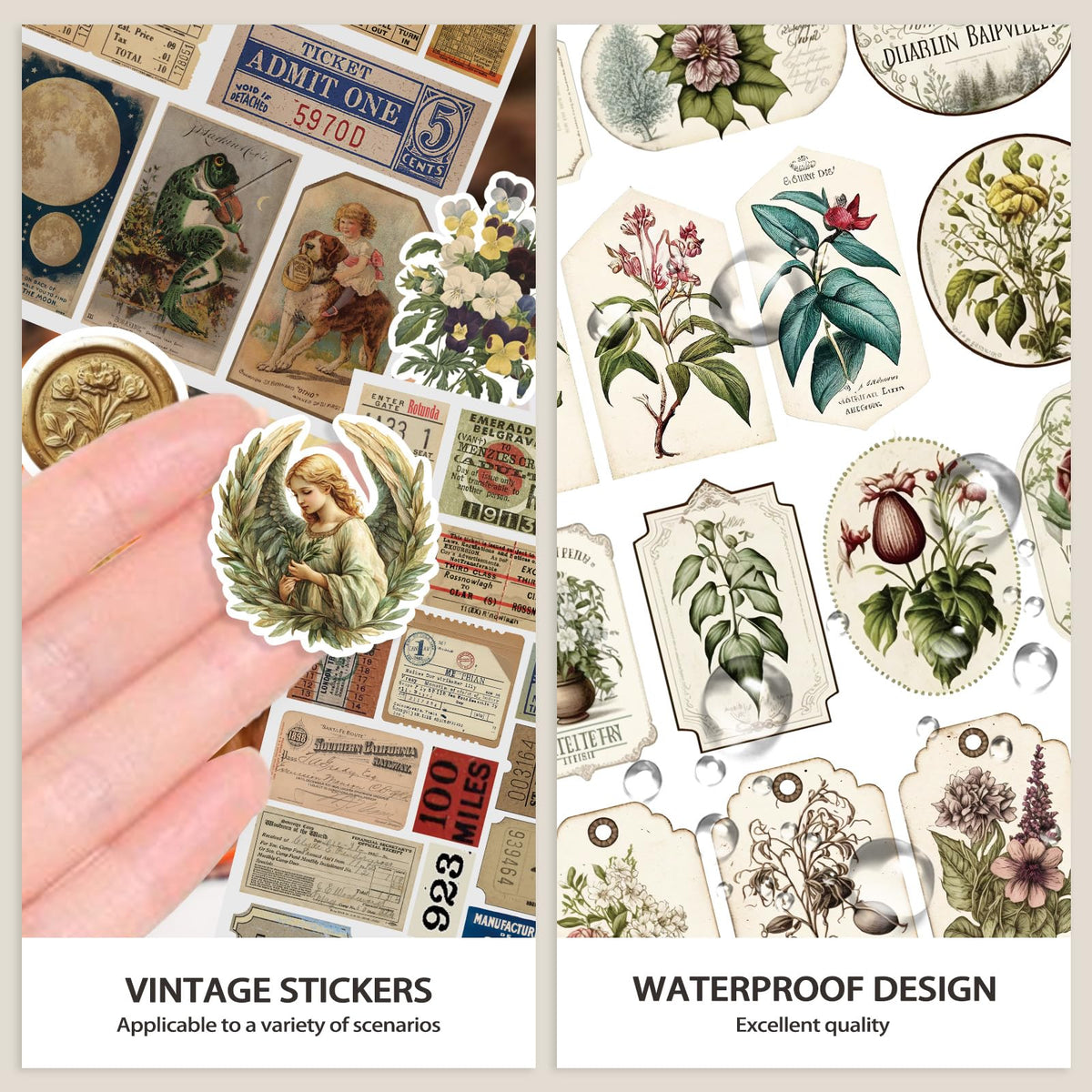 Bomichi Vintage Sticker Book with Washi Paper, Aesthetic Journaling Stickers for Scrapbooking, Bullet Junk Journal, Teen Girl, Water Bottle, Laptop, Planner, DIY Crafts