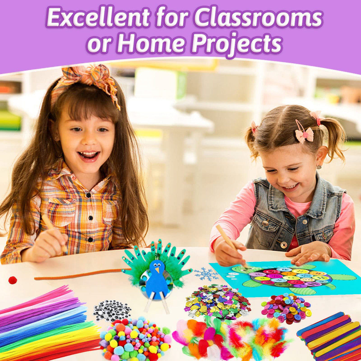 CH HAICHENG Arts and Crafts Supplies Including Feathers, Pipe Cleaners, Wiggle Googly Eyes, Pom Poms, Buttons, Ice Cream Sticks, Sequins and So On Supplies Crafts