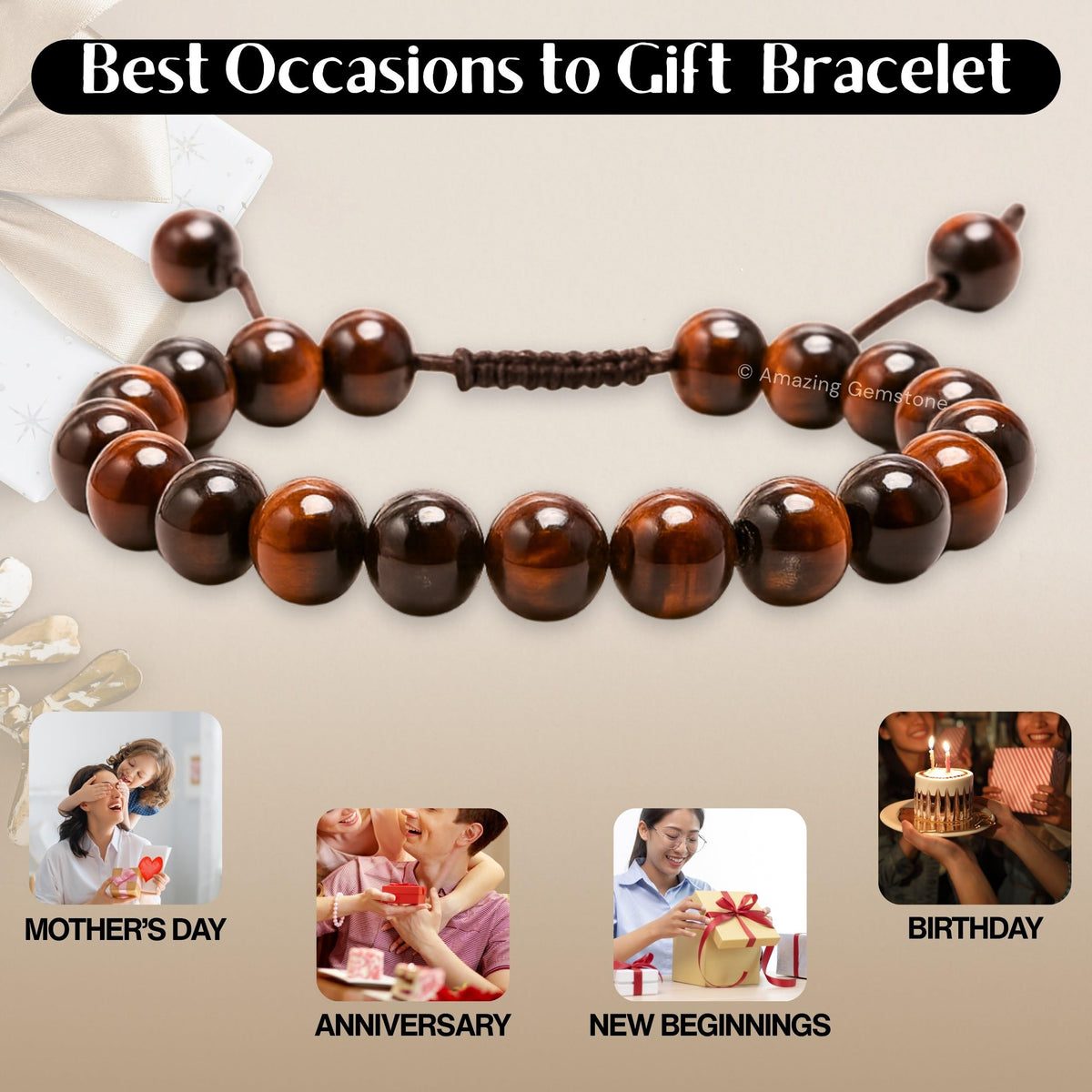 Amazing Gemstone Red Tiger Eye Bracelet, Gifts For Men & Women - Protection Healing Crystal Bracelet - 8mm Gemstone Beaded Adjustable Bracelet, Pulseras Para Hombres Mujer Stocking Stuffers