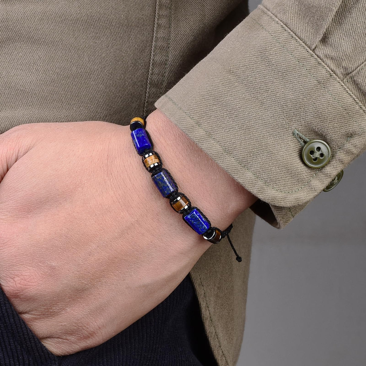 Senxilk Lapis Lazuli & Tiger's Eye Adjustable Bracelet for Men - Natural Stone Beaded Black Cord Jewelry Gifts for Him, Son, Teens | Birthday Father's Day Christmas