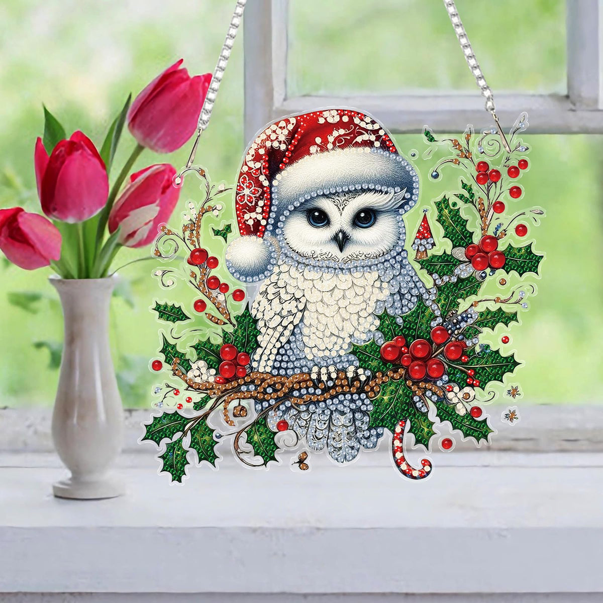 Auremi Christmas Diamond Art Painting Pendant Kits with Chain,5D Owl Diamond Art Hanging Kit DIY Diamond Crystal Window Door Hanging Pendant Kit for Adults Gift Wall Decor