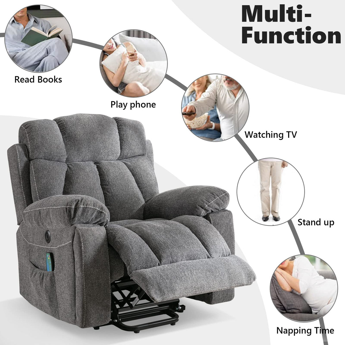 CANMOV Large Power Lift Recliner Chairs with Massage and Heat for Elderly Big People, Heavy Duty Motion Reclining Mechanism-Anti Skid Fabric Recliner Chair with 2 Concealed Cup Holders,Dark Gray