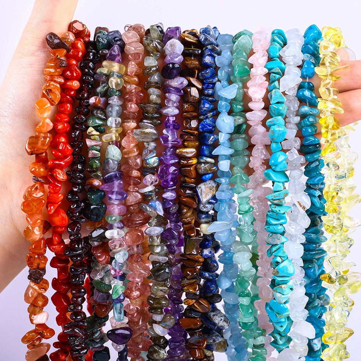 200pcs Natural Chip Stone Beads Gemstone Healing Crystal Loose Rocks Bead Irregular Glass Seed Charm Beads Drilled DIY for Jewelry Bracelet Necklace Earrings Making Crafting Supplies (Color, 5-8mm)