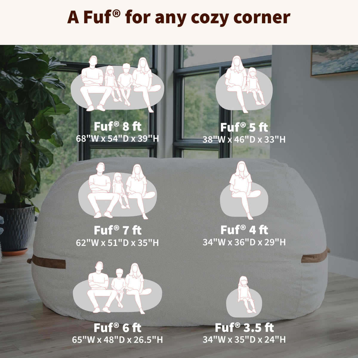 Big Joe Fuf 7Ft Giant Foam Bean Bag Chair, Oversized Couch with Removable Cover for Kids, Teens, Adults, Vanilla Latte Corded Plush, 7 Foot