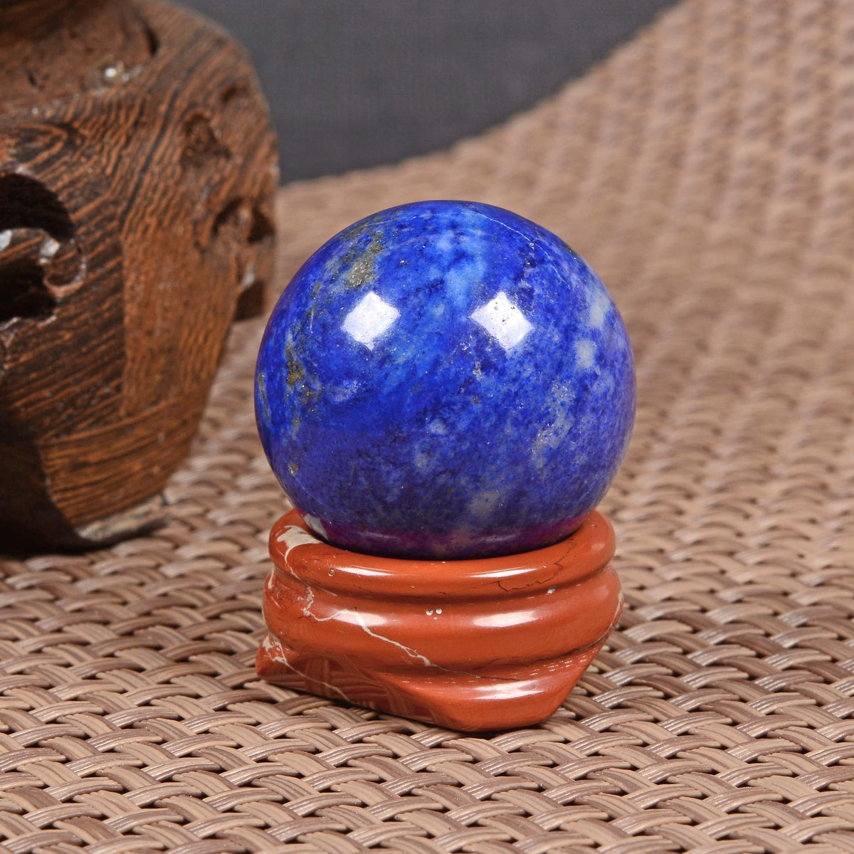Justinstones Natural Polished Lapis Sphere with Red Jasper Stand – Handcrafted Gemstone 30mm Ball for Energy Healing, Meditation, and Home Décor