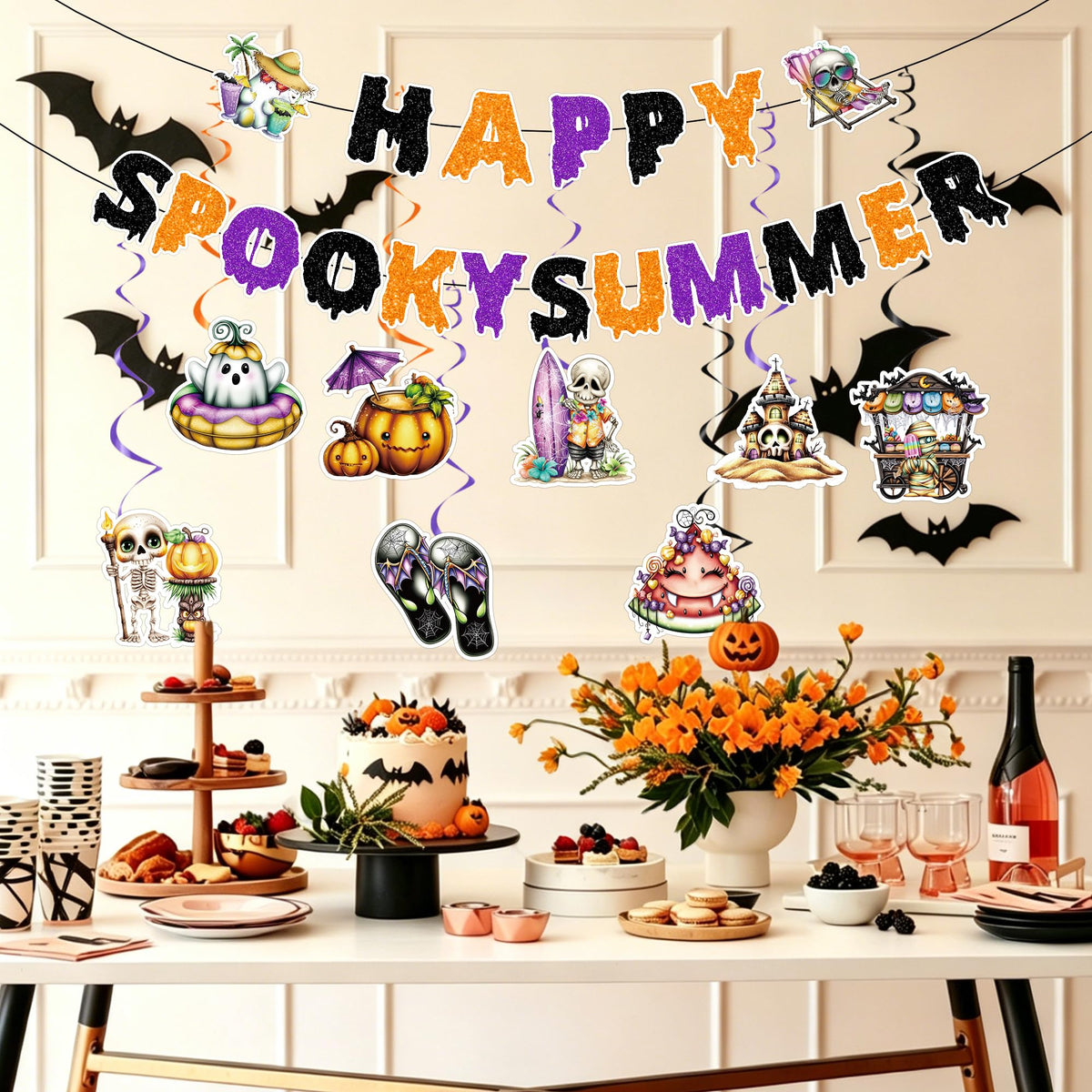 RUBOAOA Summerween Decorations, 10 Pcs Spooky Summer Halloween Decor with Banner Hanging Swirls, Cute Luau Beach Tropical Party Supplies for Indoor Home, Backyard, Patio, Pool and Summer Parties