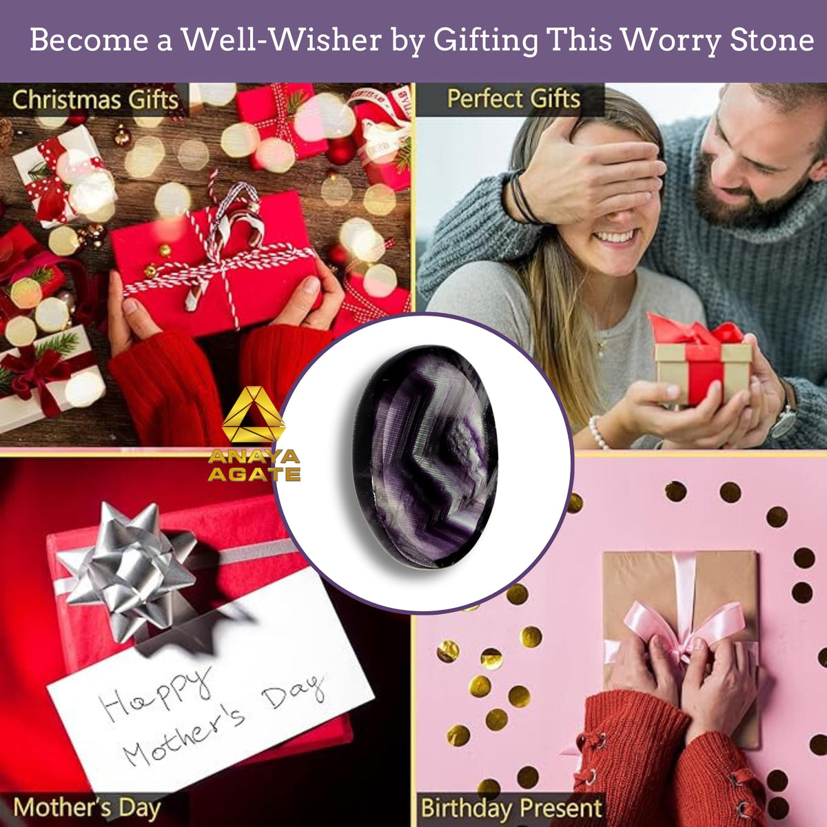 Anaya Agate Fluorite Worry Stones Certified Crystal Thumb Worry Stone for Anguish, Relaxing and Soothing Balance Stones for Meditation, Stress Relief Crystals and Healing Stones for Men, Women
