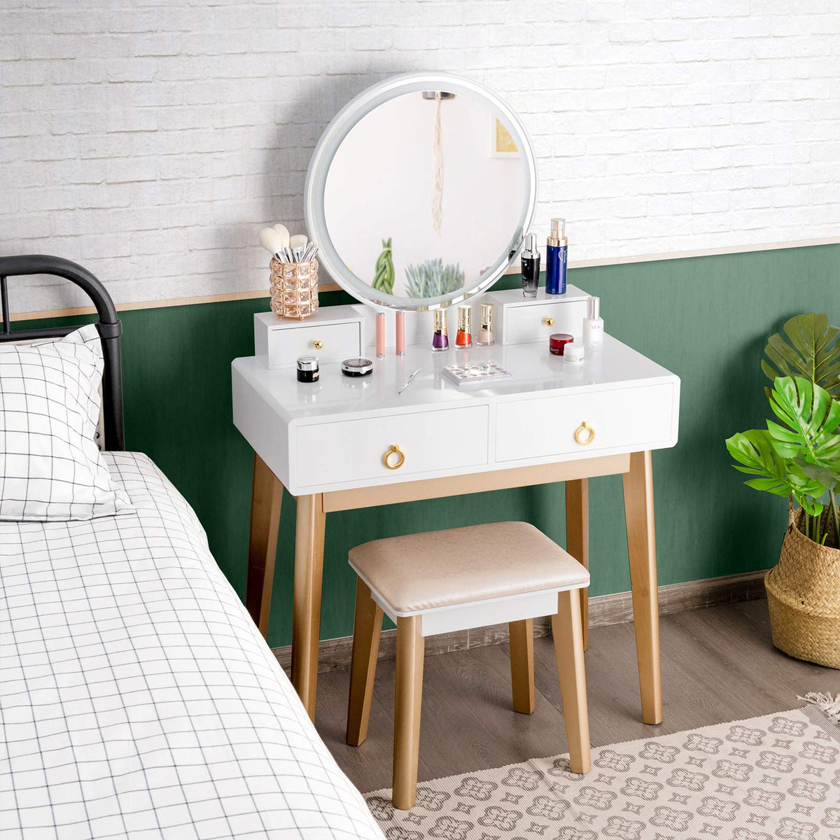 Nightcore Vanity Set, Makeup Vanity w/Round Lighted Mirror, Vanity Desk w/Cushioned Stool, 4 Drawers Modern Home Dressing Table for Girls & Women, White