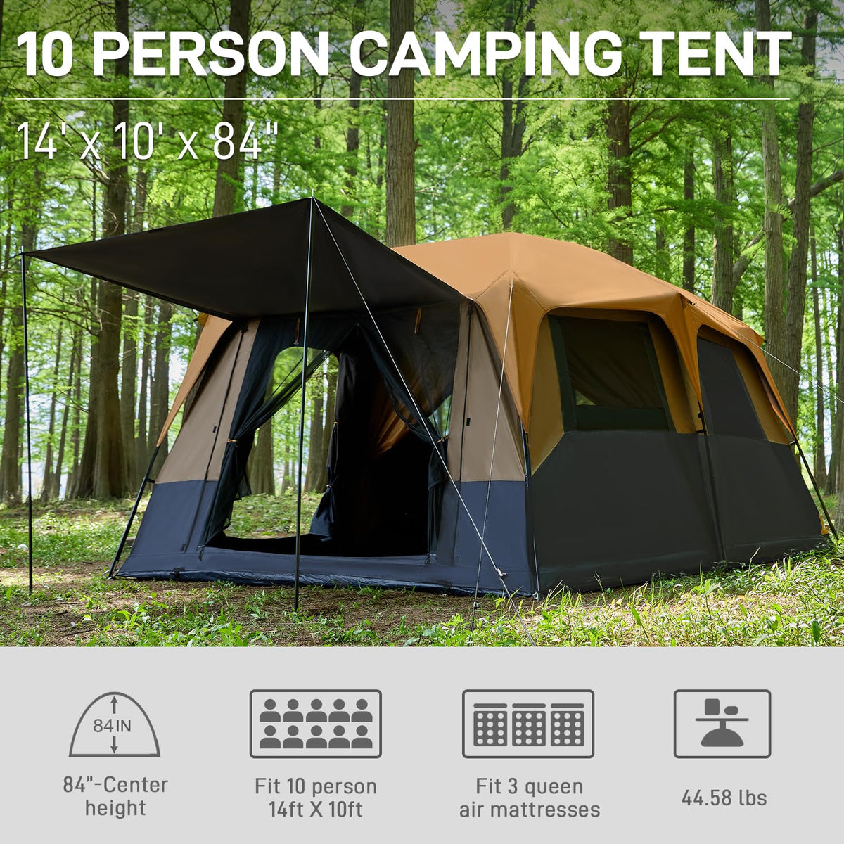 EVER ADVANCED 10 Person Camping Blackout Design Tent, Multi Room Tent for Family, Large Tents with Rainfly and Carry Bag, 2 Doors, Water-Resistant, 14ft x 10ft x 84in