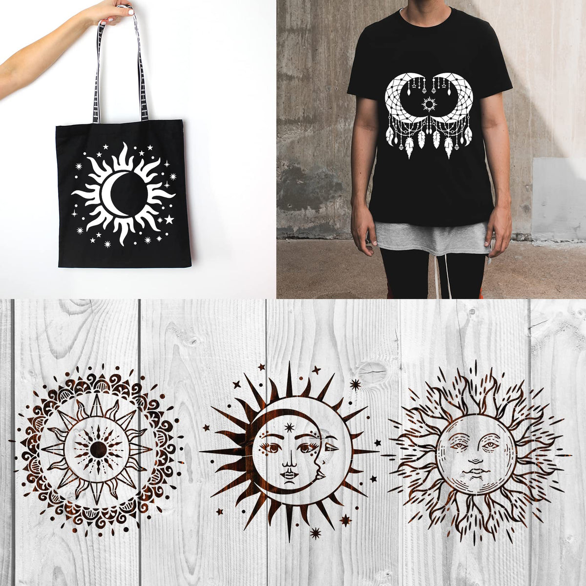9 Pieces Large Mandala Sun and Moon Stencil Butterfly Flower Tree Paint Stencils for Crafts Reusable Templates Star Celestial Stencils for Painting Wood Wall Furniture Home Decor (Sun Moon)