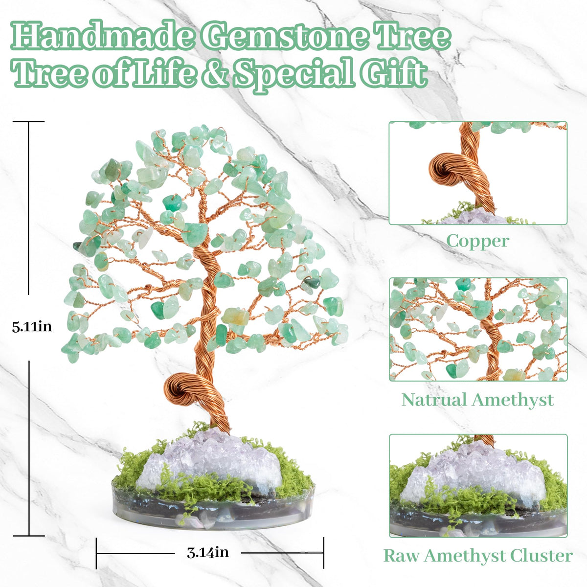 Dreamocean Green Aventurine Crystal Tree Gemstone Tree Crystal Bonsai Money Tree of Life for Positive Energy, Money, Good Luck Chirstmas Birthday Gifts for Sister(Green)