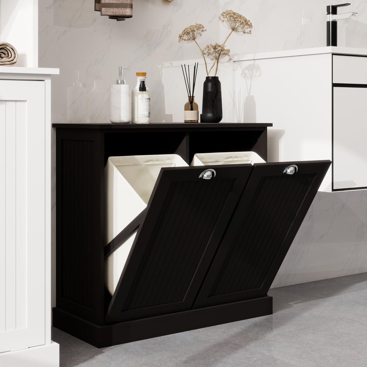 agnixnaf Laundry Sorter Cabinet, Two-Compartment Tilt-Out, Black Storage Cabinet, for Small Bothroom