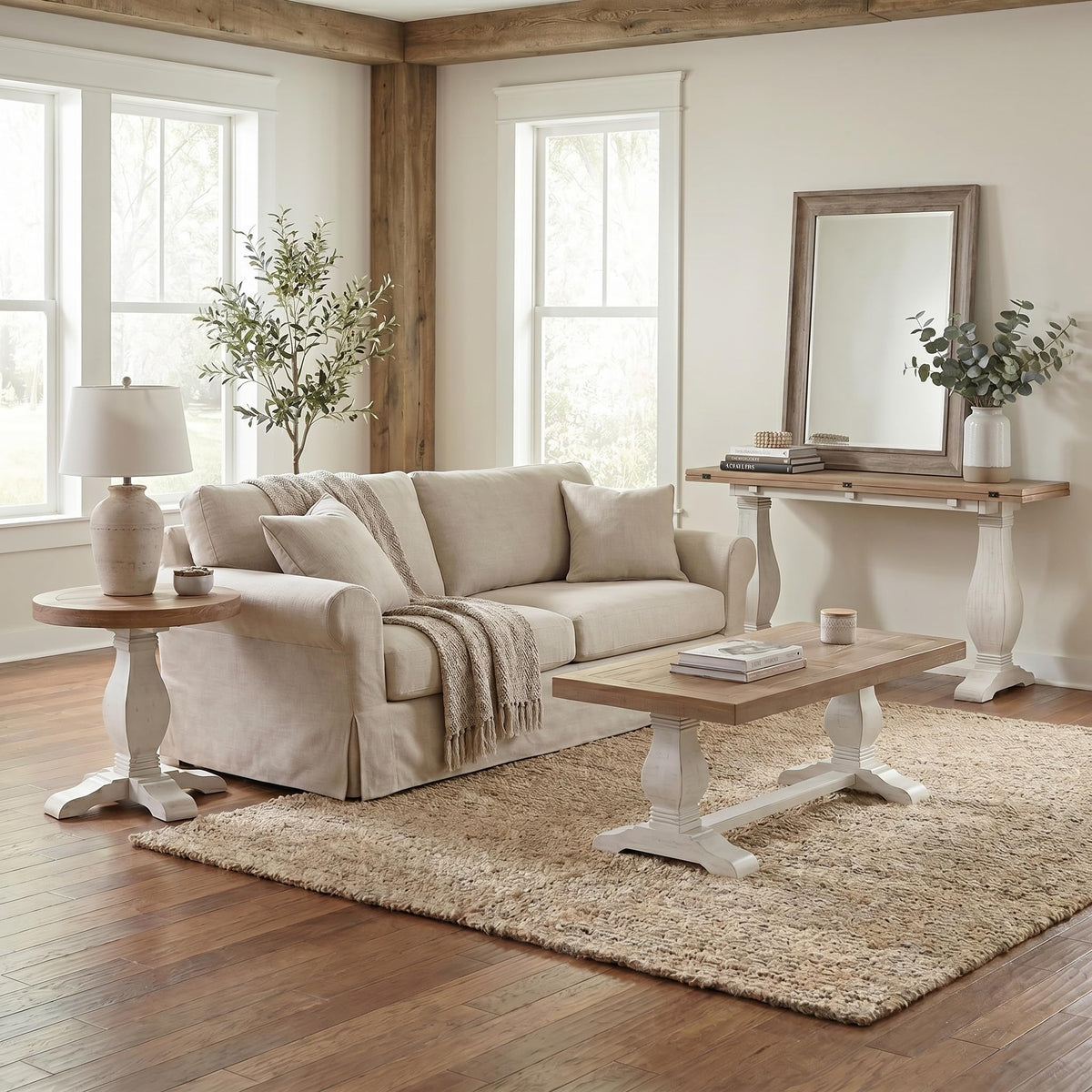 Martin Svensson Home Napa Solid Wood Pedestal Flip-Top Sofa Console Table, White and Driftwood, 60 inches x 18 inches x 30 inches