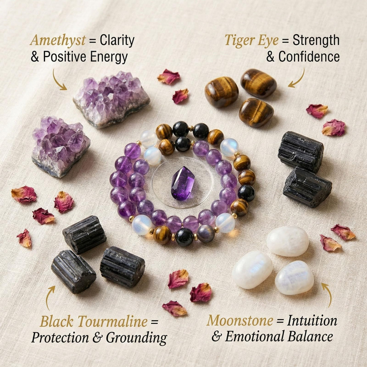 SFPJTL Shield of Positive Energy Crystal Bracelet for Women - Real Black Tourmaline, Rose Quartz, Amethyst & Tiger Eye Beads - Adjustable Healing Stone Protection, Anxiety Relief & Good Luck Jewelry - Spiritual Gifts for Mom, Wife, Friend
