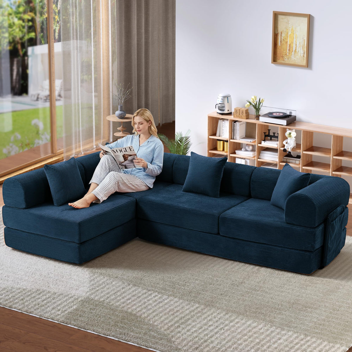 Trygoal 142" Oversized Modular Sectional Sofa Bed, 7-in-1 Convertible Corduroy Cloud Couch with Storage Bag & Reinforced Frame, Deep Seat Sectional Couches for Living Room, Tool-Free Assembly, Blue