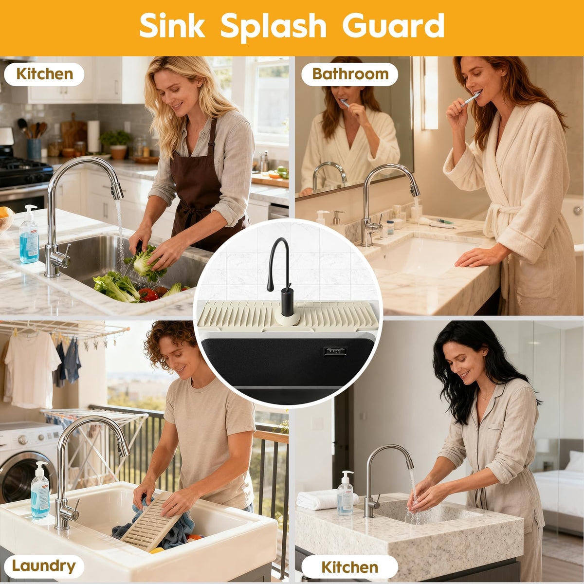 24" Silicone Faucet Mat for Kitchen Sink Released in 2025/12TH,8° Slope Fast Self-draining-Kitchen Sink Splash Guard,Bathroom Kitchen Sink Area Water Splash Guard Behind Faucet Draining Mat Beige
