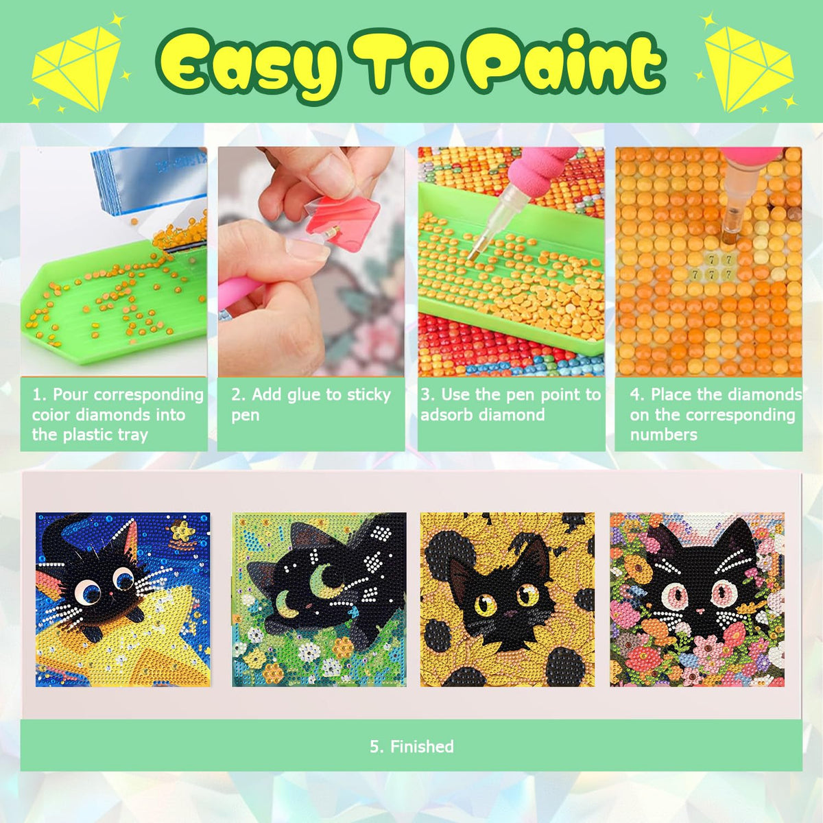 ICYANART 4 Pack Cat Diamond Art Kits for Kids Cute Diamond Art Painting for Kids Ages 6-8-12 Gem Art for Gifts and Home Wall Decor 7x7inch