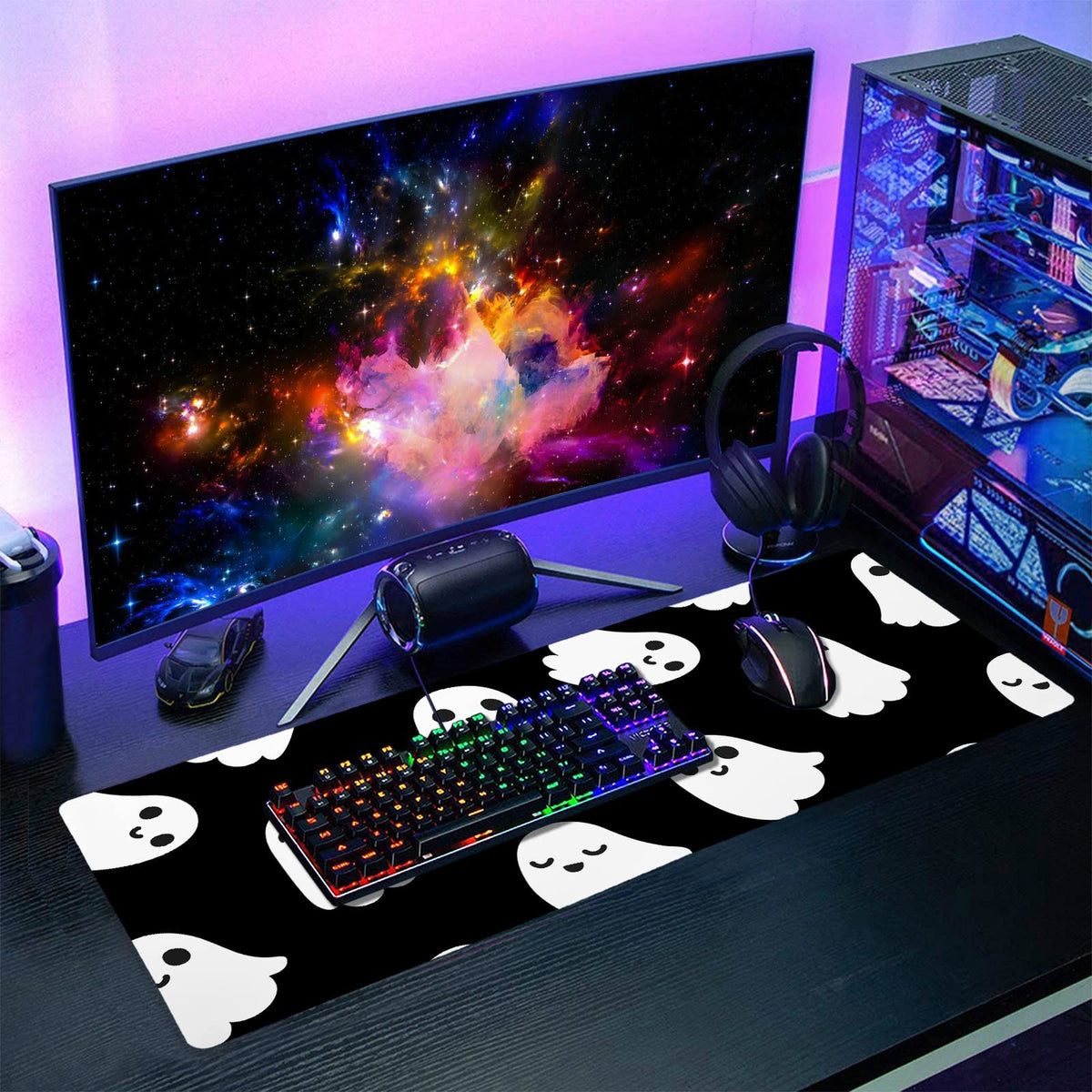 Halloween Cute Ghost Mouse Pad Kawaii Cartoon Spooky Funny Spirit Extended Desk Mat Non-Slip Rubber Base Stitched Edge Large XL Black White Mousepad for Desk Gaming Laptop Desktop,31.5×11.8 Inch