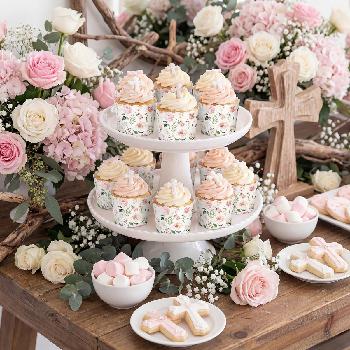 Qinyoung 150 Pcs Pink Floral Cupcake Wrappers Liners Rose Paper Baking Cups Greaseproof Disposable Scalloped Flower Cupcake Muffin Cases for Spring Summer Wedding Baby Shower Birthday Tea Party Decor