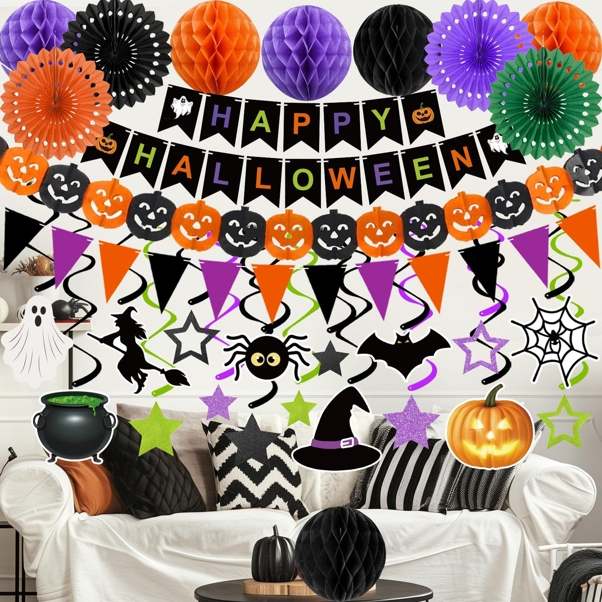 Halloween Party Decorations Happy Halloween Banner Honeycomb Balls Paper Fans Hanging Swirls Triangle Garland for Indoor Home Office Class School Party Supplies