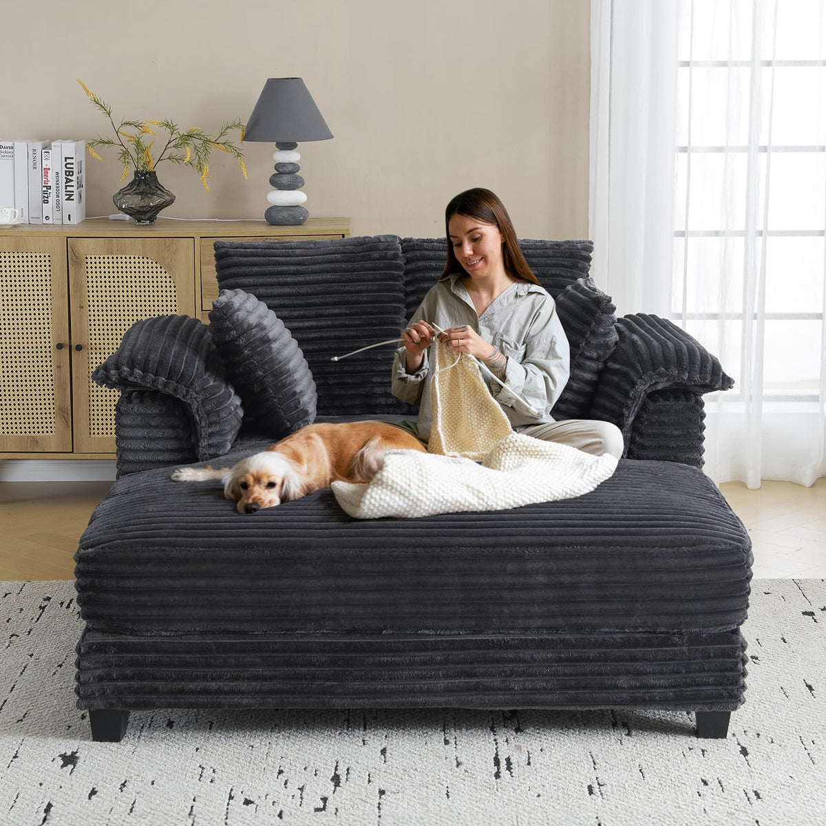 VINGLI Lounge Chair, 56" Oversized Reading Chair Corduroy Chaise Sofa Recliner Bed Upholstered Comfy Sleeper Couch with Throw Pillows and Armrests for Living Room, Movie Room, Bedroom