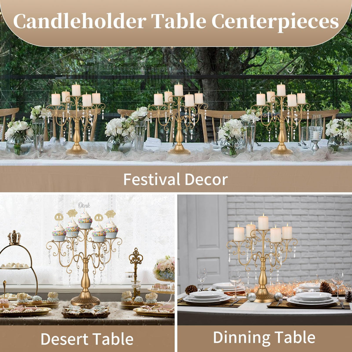 Sziqiqi Gold Candelabra Candle Holder - 5 Arm Pillar Candle Holders with Crystal Beads for Christmas Table Centerpiece Halloween Wedding Candleholders Decoration Set of 2