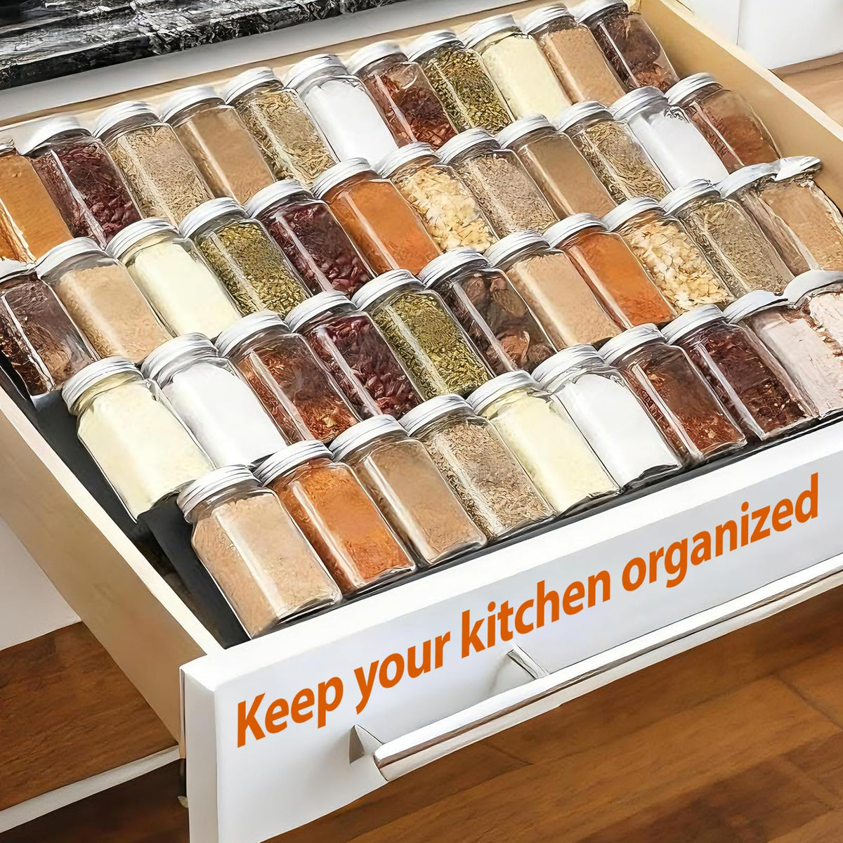 Pesilo Spice Drawer Organizer, 4 Tier- 6 Pack Drawer Seasoning Organizers, Kitchen Spice Rack Tray Expandable From 12" to 24", Black Spice Rack Insert for Cabinet Countertop(Jars Not Included)