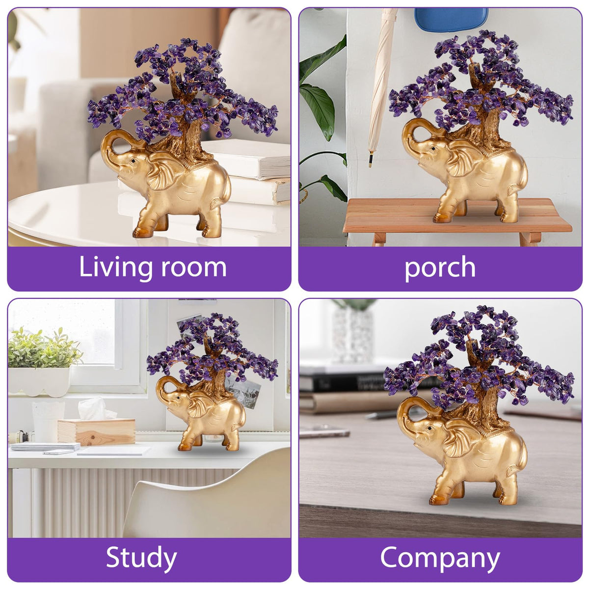 GEMBOURY Amethyst Crystal Money Tree on Gold Mini Elephant Statue, 10”Gemstone Bonsai Tree of Life Home Décor Gifts for Wealth Positive Energy, Feng Shui Décor