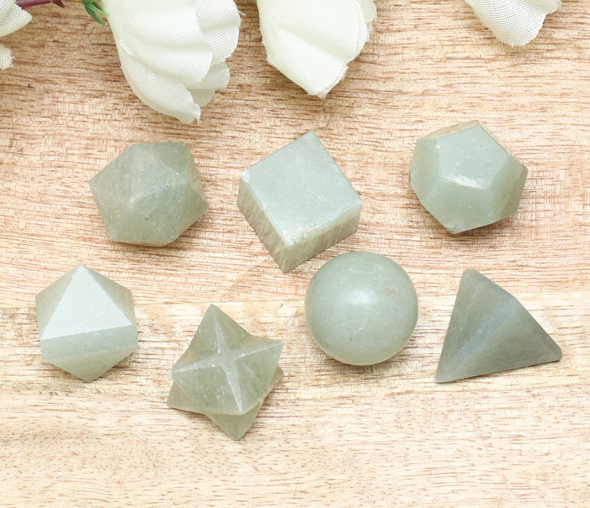 Crocon® Green Jade 7pcs Platonic Solids Crystal Geometry Set, Platonic Solids Sacred Geometric Stones for Balancing Reiki Healing Meditation Chakra Stone Cleansing Spiritual Good Luck Gift (15-20 mm)