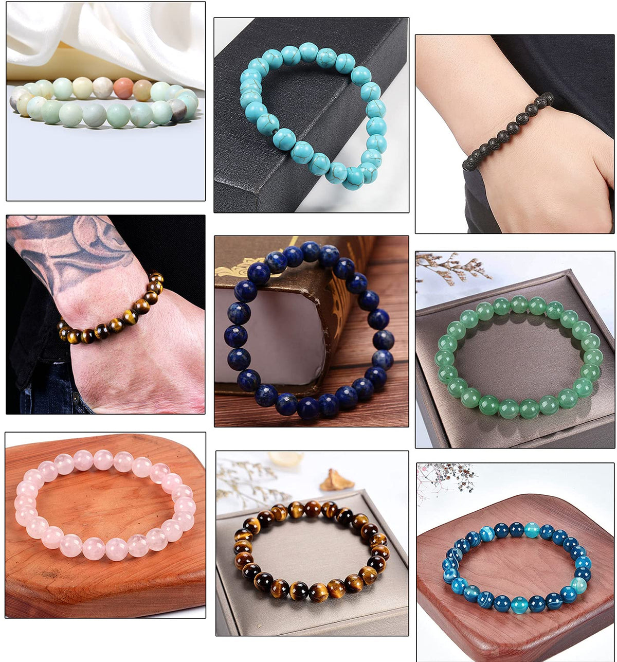 Jewdreamer 12Pcs Natural Stone Beaded Bracelets for Women Men Semi-Precious Gemstones Bracelets Crystal Beaded Bracelet Unisex Adjustable Stretch Bracelets 8MM