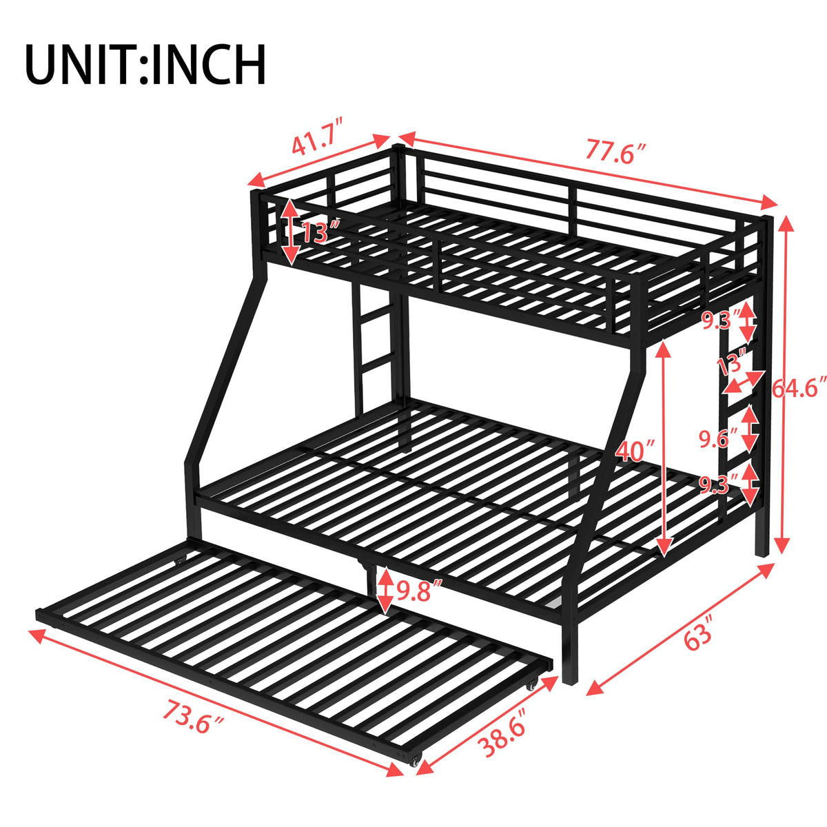 Bellemave Metal Bunk Bed with Trundle, Twin XL Over Queen Bunk Trundle and Guardrail and Ladder for Kids/Teenagers, Adults, No Box Spring Needed,Black