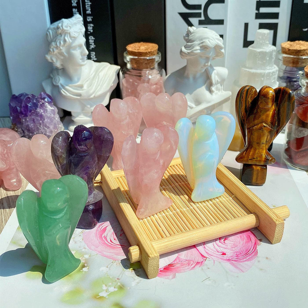 QINJIEJIE Green Aventurine Carved Pocket Guardian Angel Decor Polished Gemstone Crystal Statue Peace Angel Figurine Spiritual Gift for Meditation Protection