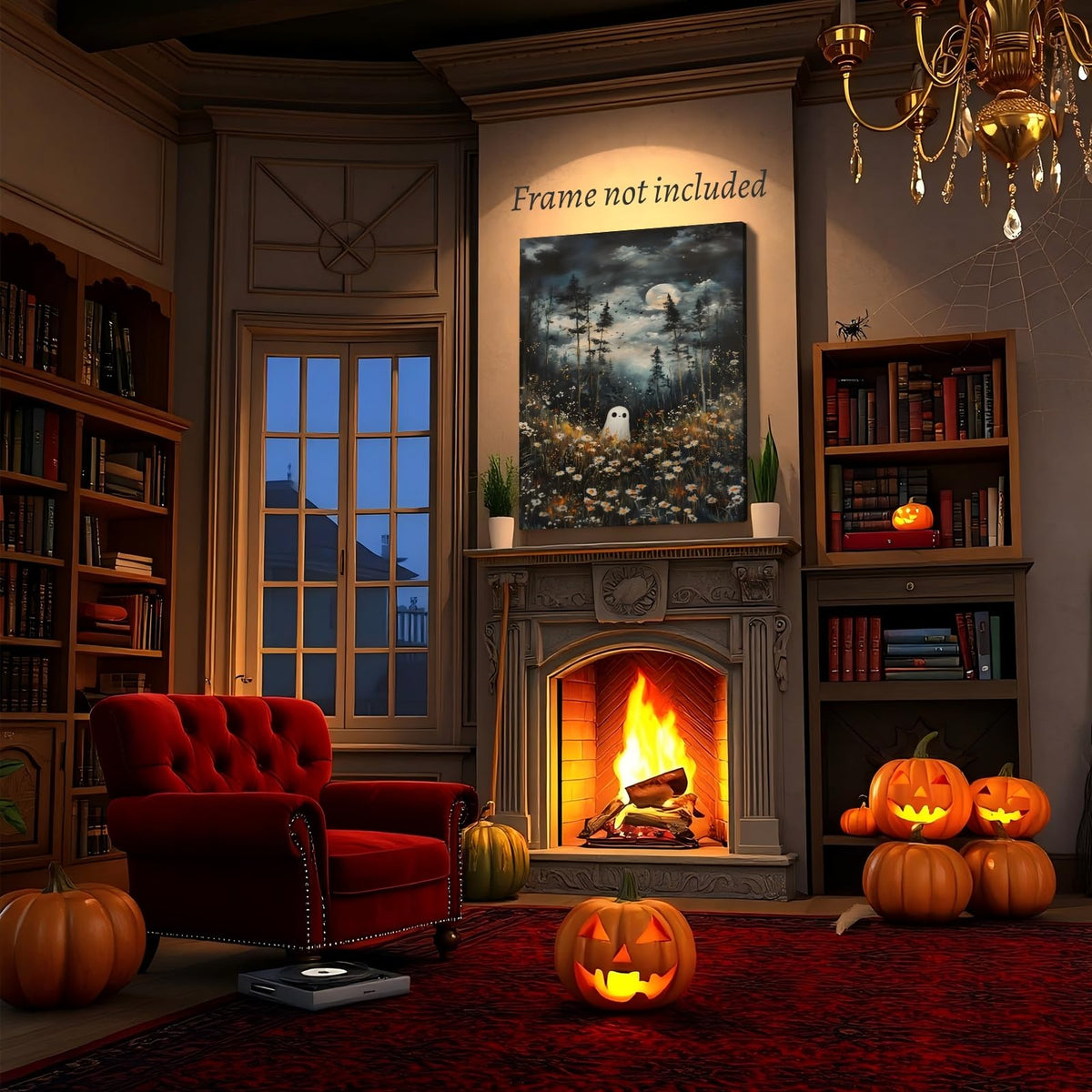 KBBYT Dark Academia Wall Art Ghost In Magical Forest Poster Spooky Halloween Wall Decor Ethereal Ghost Fall Floral Gothic Canvas Print for Witchcore Aesthetic Haunted Room Bedroom 16X24inch Unframed