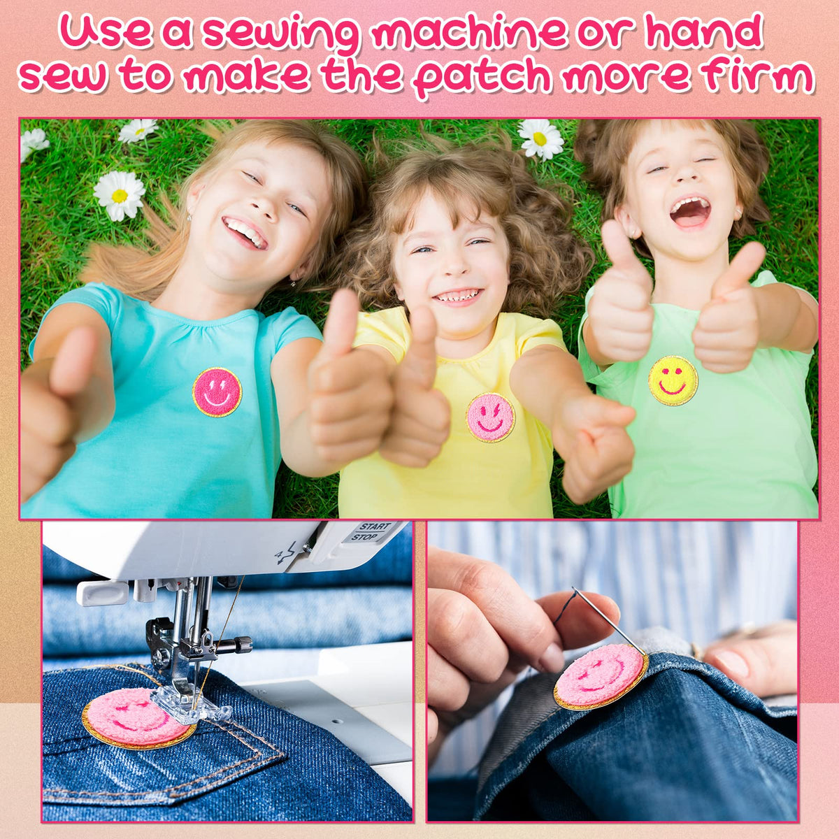 48 Pcs Happy Face Iron on Patches Self Adhesive Smile Face Patch Glitter Chenille Preppy Patches for Hats Backpacks Jackets Dress Clothes DIY Craft Decorative Embroidery