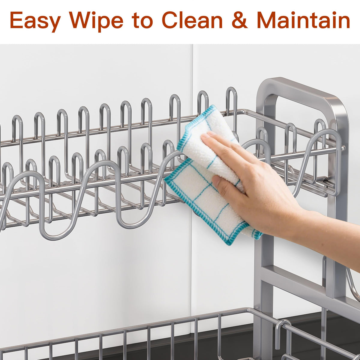 2 Tier Dish Drainer Drying Rack for Kitchen Counter, Large Stainless Steel Dishes Dryer with Drainboard, Space Saving, Big Rustproof Metal Modern Countertop Plates Strainer with Utensil Holder, Sliver