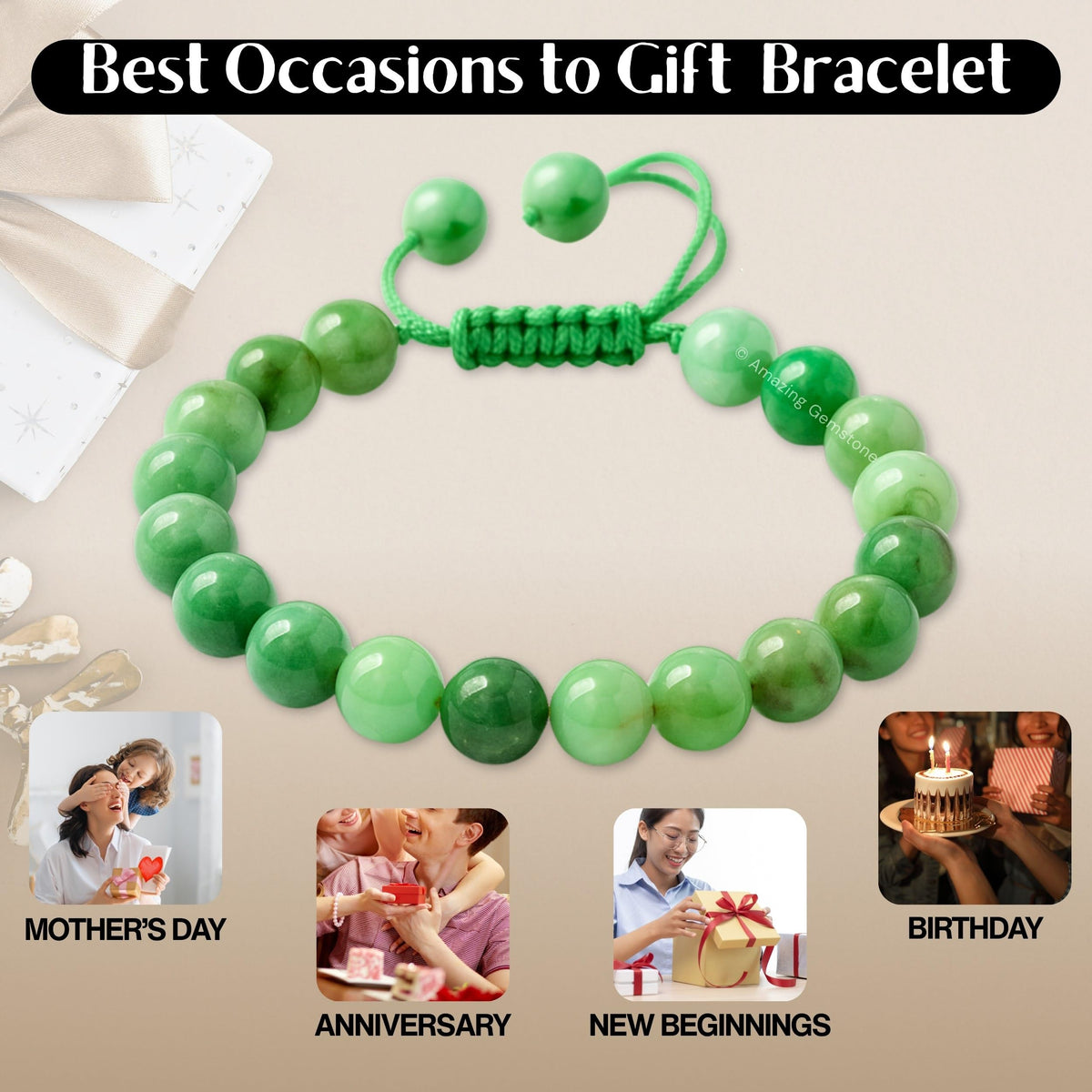Amazing Gemstone Chrysoprase Premium Bracelet, Gifts For Men & Women - Protection Healing Crystal Bracelet - 8mm Gemstone Beaded Adjustable Bracelet, Pulseras Para Hombres Mujer Stocking Stuffers
