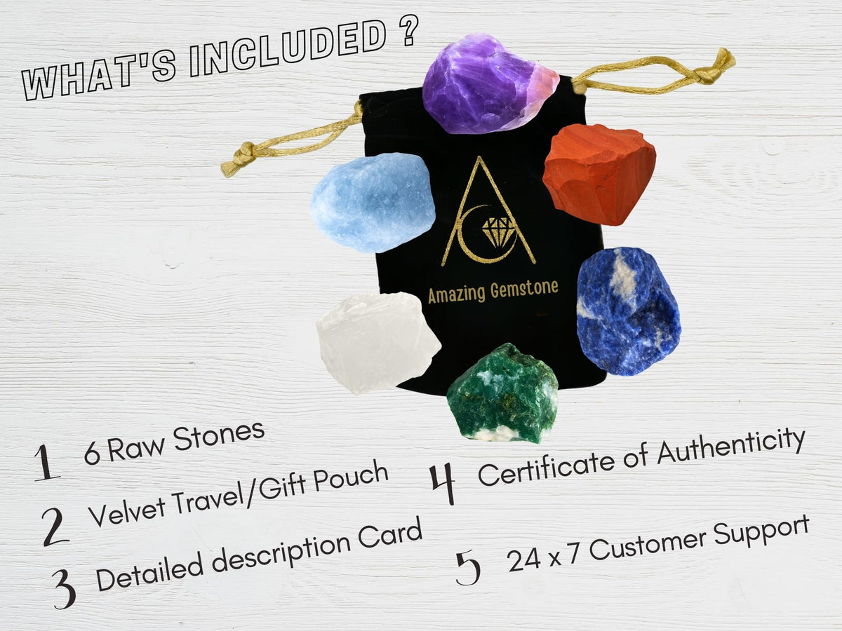 Amazing Gemstone Crystals for Diabetes Support, Set of 6 Moss Agate, Blue Calcite, Sodalite, Clear Quartz, Red Jasper and Amethyst Healing Crystals and Stones
