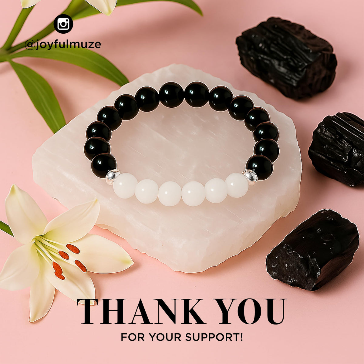 Joyfulmuze Black Tourmaline Selenite Bracelet, Handmade Stretch Jewelry, Natural Calming Crystals, Simple Genuine Chakra Energy Bracelet, Gifts for Women and Man, 8mm
