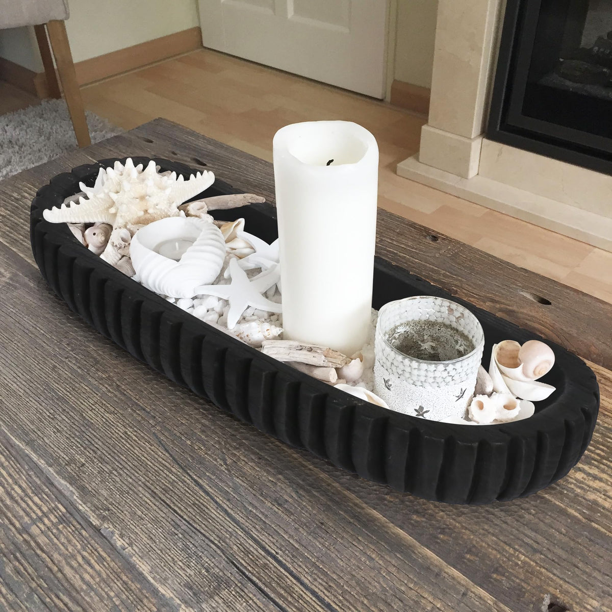 Oakrain Wooden Decorative Bowl for Home Decor, 16" Rustic Dough Bowl with Hand Carved Vertical Stripes, Long Wood Tray for Table Centerpieces, Matte Black